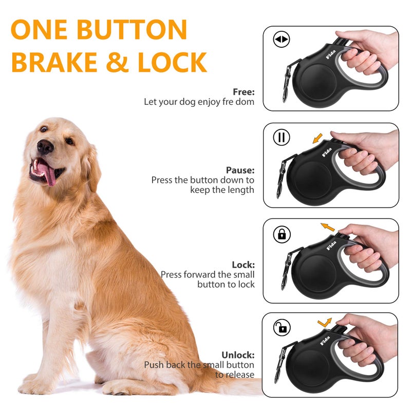 Fida Retractable Dog Leash with Dispenser and Poop Bags, 16 ft Pet Walking Leash for Large Dog up to 110 lbs, Anti-Slip Handle, Tangle-Free, Reflective Nylon Tape (L, Black) - Image 4